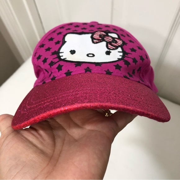 Hello Kitty Sanrio Glitter Stars Hot Pink Black Hat Cap Adjustable Youth Teen - Picture 7 of 13